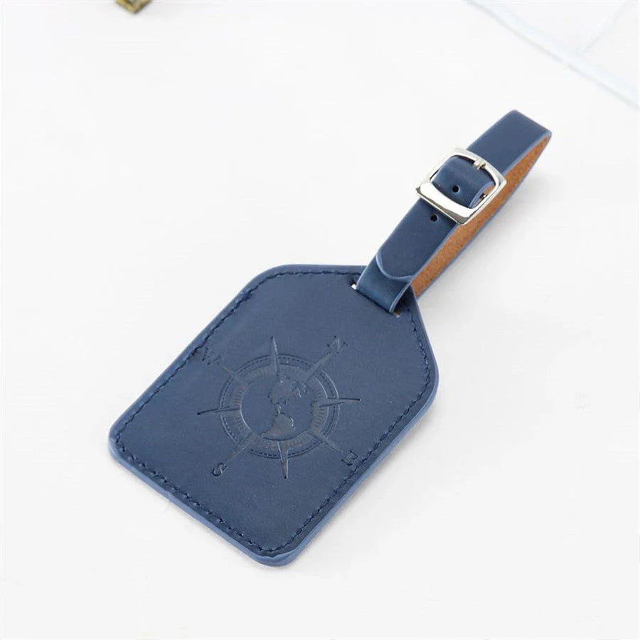 Compass Leather Luggage Tag with Geometric Pattern, Durable PU Leather, and Clear Identification Window