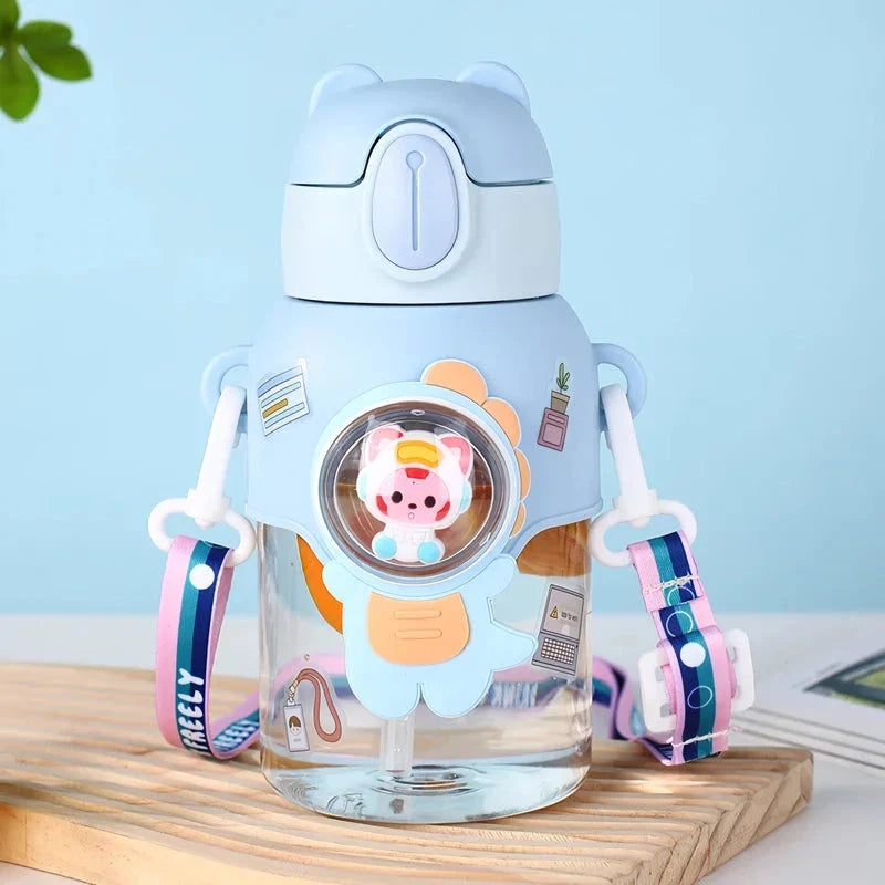 Colourful, durable Kids Cartoon Water Bottle with straw and carrying strap, designed for children's hydration needs
