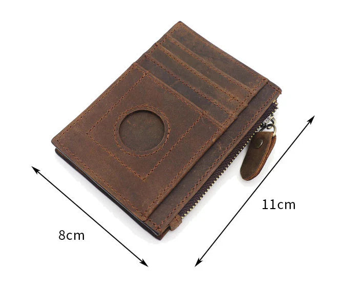 Premium cowhide leather wallet with concealed compartments and zipper closure, designed for secure and organised storage of cards, cash and other essentials.