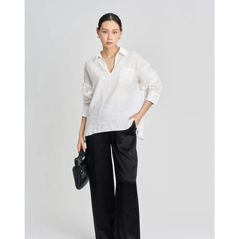 Premium linen v-neck long sleeve shirt for women in khaki colour, featuring breathable fabric and wrinkle-resistant design.