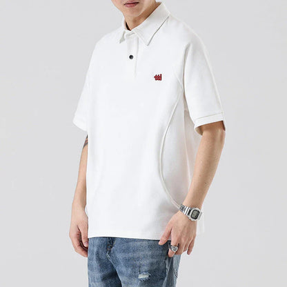 Retro Short Sleeve Men's T-shirt with Embroidered Design in Dark Brown, White, and Grey Colours