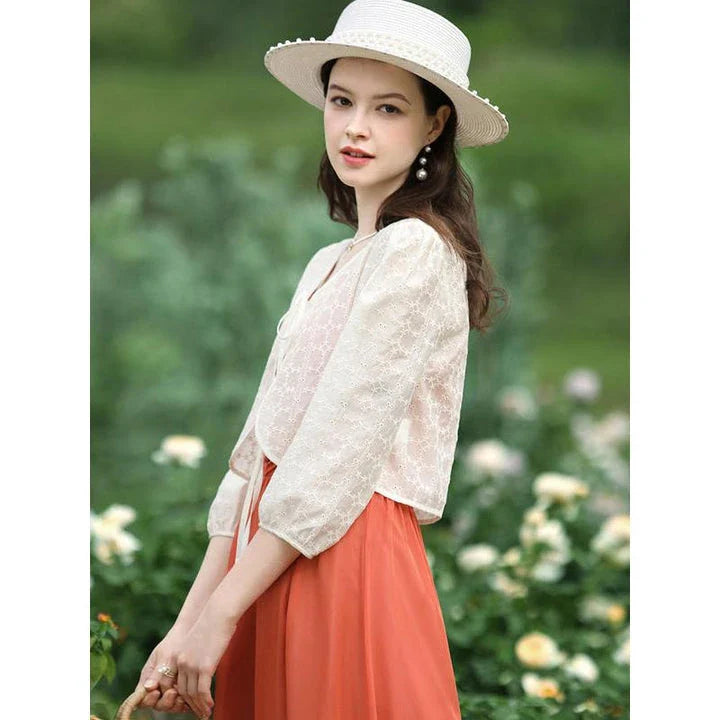 Elegant Summer Lace Jacket for Women - Vintage-inspired style with floral and lace design, puff sleeves, and wide-waisted cut for a flattering silhouette.