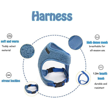Adjustable breathable fleece dog harness and leash set in various sizes and colours