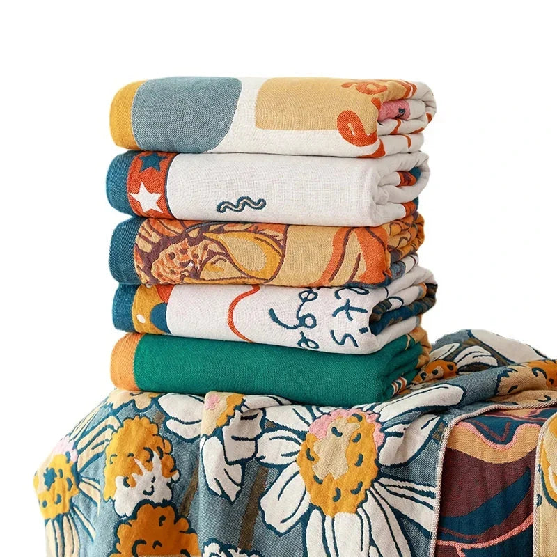 Luxuriously soft and quick-drying cartoon bath towel with 5-layer gauze cotton construction
