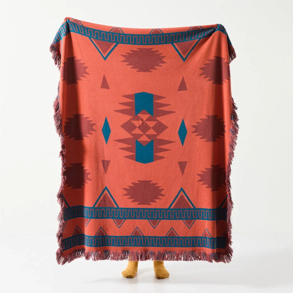 Elegant Bohemian Geometric Pattern Blanket made from premium cotton with luxurious fringes, available in various colours
