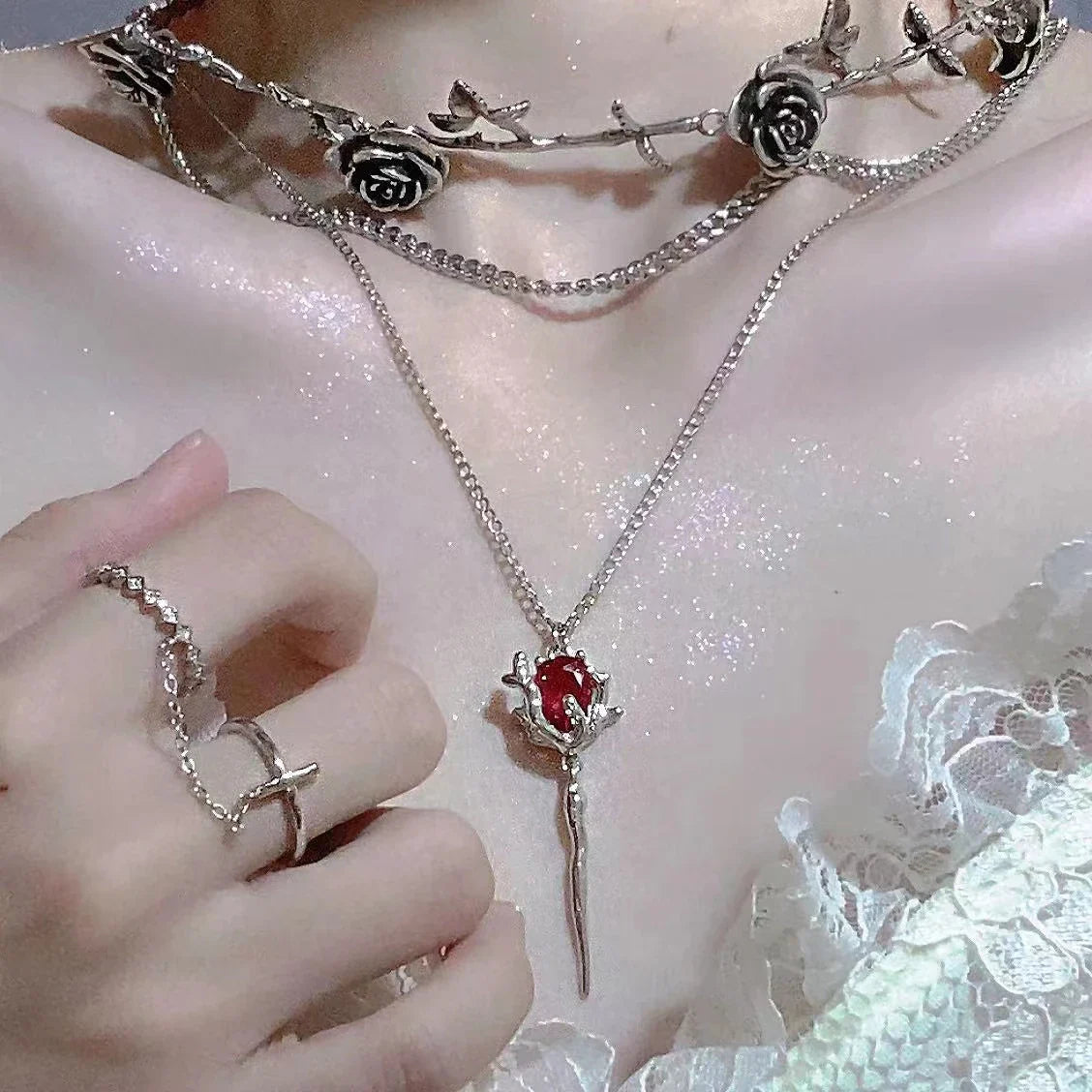 Premium Vampire Sceptre Necklace with Alloy and Semi-Precious Stones, Adjustable Chain for Customised Fit, Gothic Charm and Macabre Style