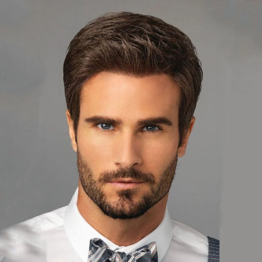 A premium men's wig in a short, straight brown style made with high-quality temperature-resistant fibres for a natural, comfortable fit.