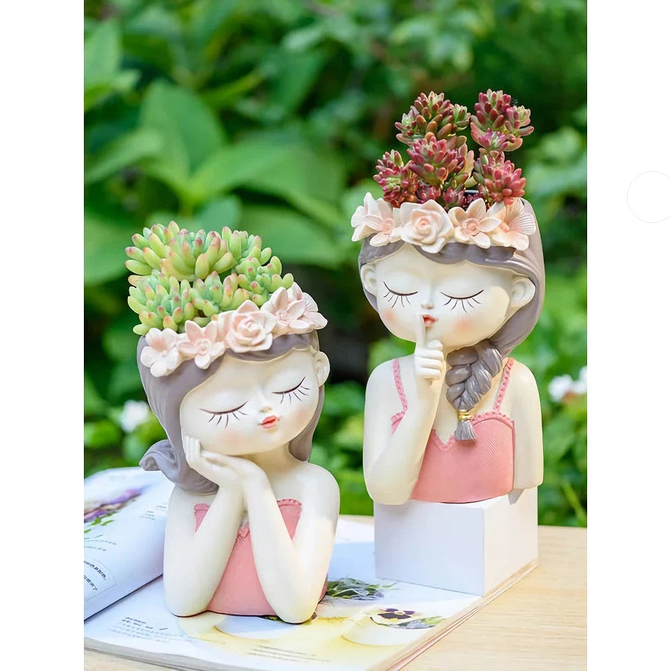 Charming 7.8-inch fairy girl planter made of high-quality resin with hand-painted details, perfect for succulents and small plants