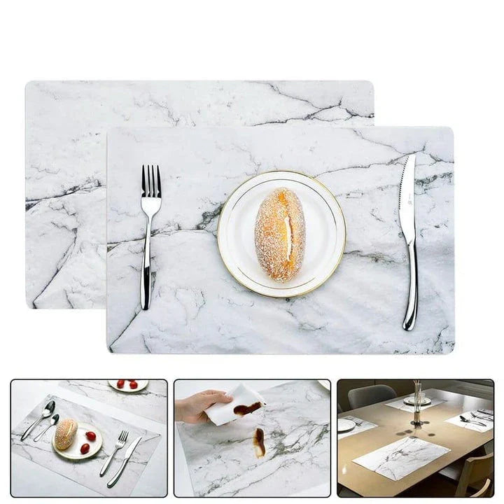 Marble pattern placemats in black and white color, made of durable PVC material to protect your dining table