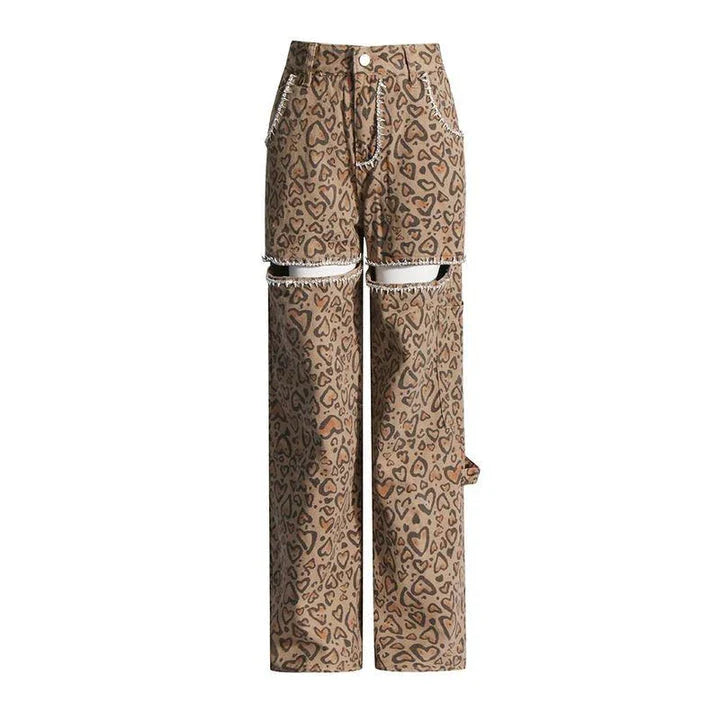 Stylish leopard print wide-leg jeans with patchwork design, perfect for fashion-forward women in the UK