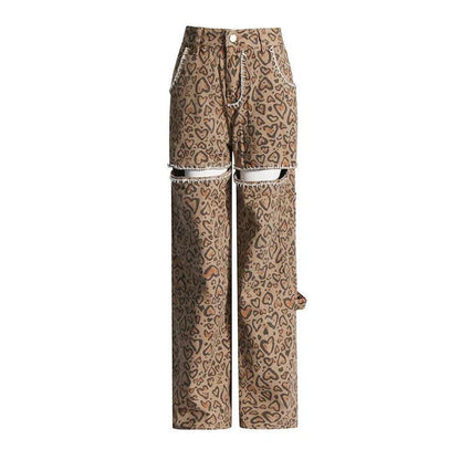 Stylish leopard print wide-leg jeans with patchwork design, perfect for fashion-forward women in the UK