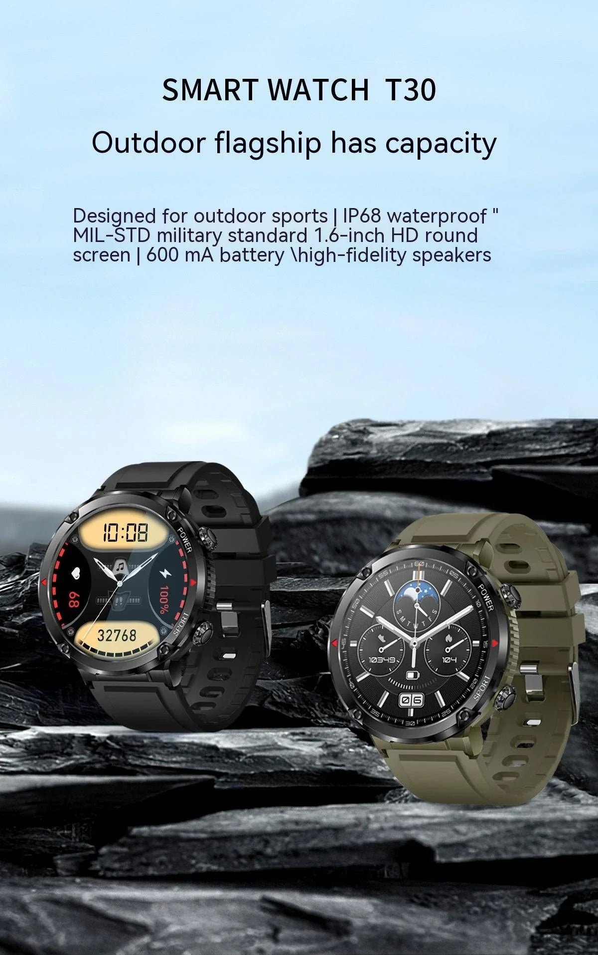 Premium HD smart watch with comprehensive health tracking features including heart rate, blood pressure, and step counting