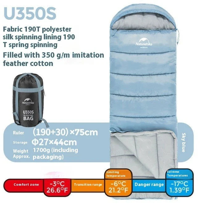 Naturehike Luxury Down-filled Sleeping Bag for Outdoor Camping in Hollow Cotton/Clay Gray, Hollow Cotton/Moxa Leaf Green, and Down Cotton/Sky Blue colours