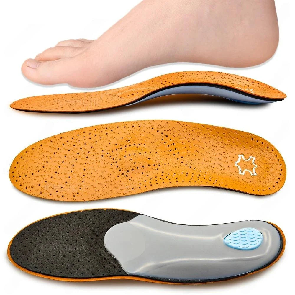 Premium orthopaedic leather insoles with 3D design for superior arch support and foot comfort