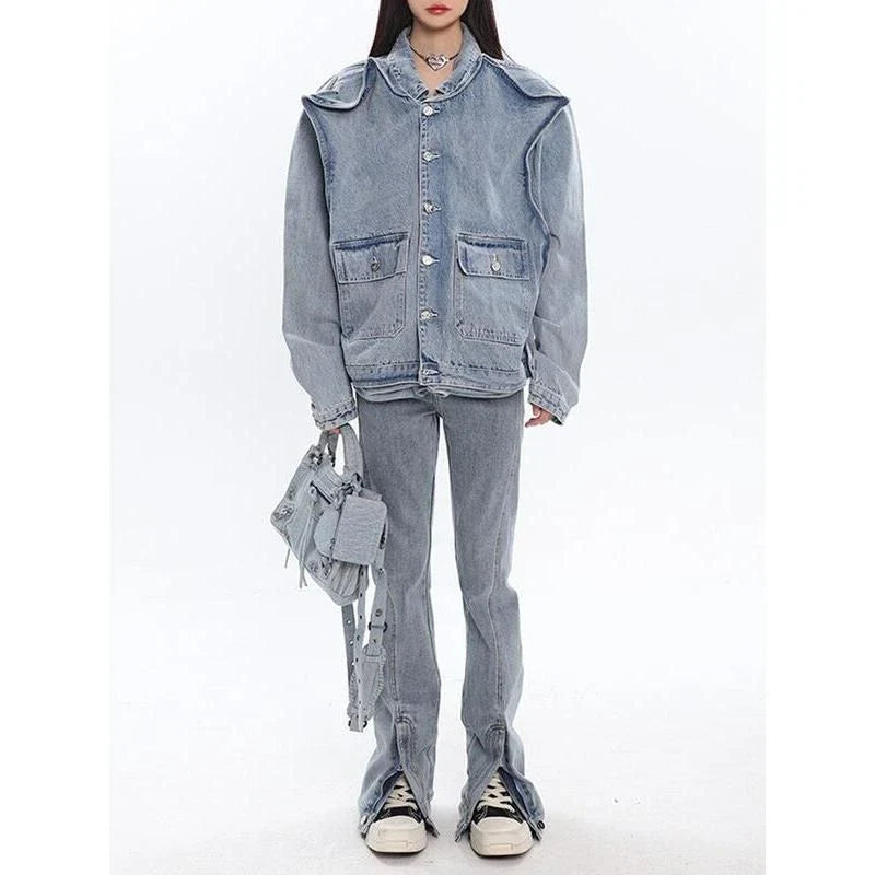 A stylish patchwork denim jacket with a relaxed fit, made from a blend of polyester and cotton for comfort and durability.