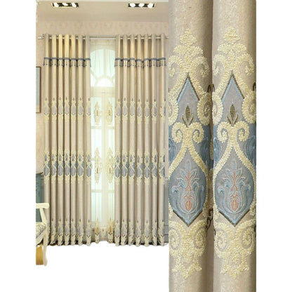Elegant European-style embroidered mesh curtains in beige and grey colours, providing excellent sun shading and premium quality for living rooms and bedrooms.