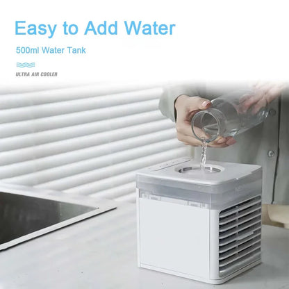 Portable USB air cooler with humidifier and LED lighting for personal cooling and comfort