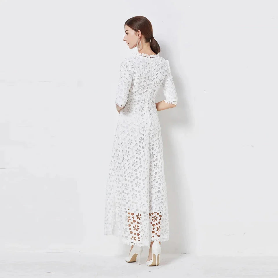 Elegant V-Neck Lace Midi Dress in white with a sophisticated silhouette and stylish details