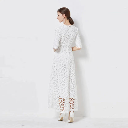 Elegant V-Neck Lace Midi Dress in white with a sophisticated silhouette and stylish details