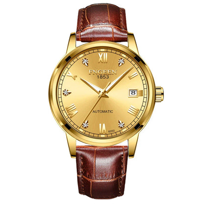 Premium automatic mechanical watch with leather strap, featuring a stainless steel case, luminous hands and markers, and a stylish British-inspired design