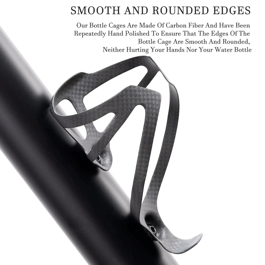 Carbon fibre bicycle water bottle cage with sleek matte black finish and secure design for cycling enthusiasts