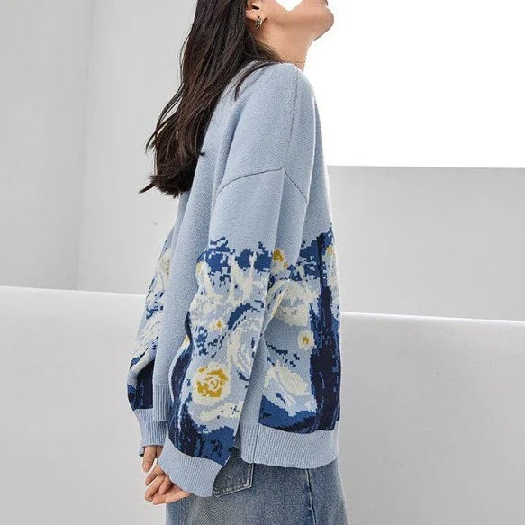 A cosy, vintage-inspired knitted sweater for women, featuring a design inspired by the iconic artwork of Van Gogh.