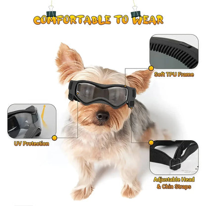 Small orange dog goggles with adjustable elastic straps and UV-blocking polycarbonate lenses