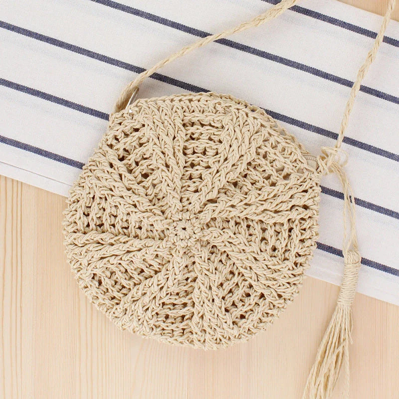 Bohemian Rattan Round Crossbody Bag in Beige Colour with Playful Tassel Accent