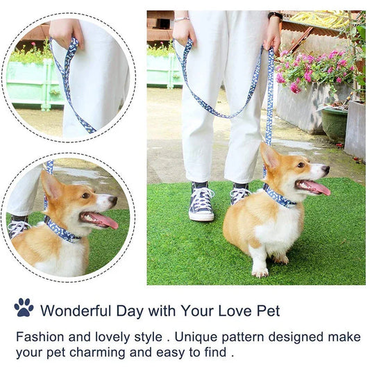 Premium adjustable no-pull dog harness and leash set with stylish pattern design, made with durable materials for comfortable and controlled walkies