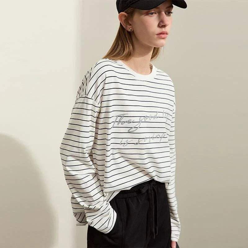 Premium casual striped cotton t-shirt with patchwork detail, offering a stylish and comfortable everyday essential