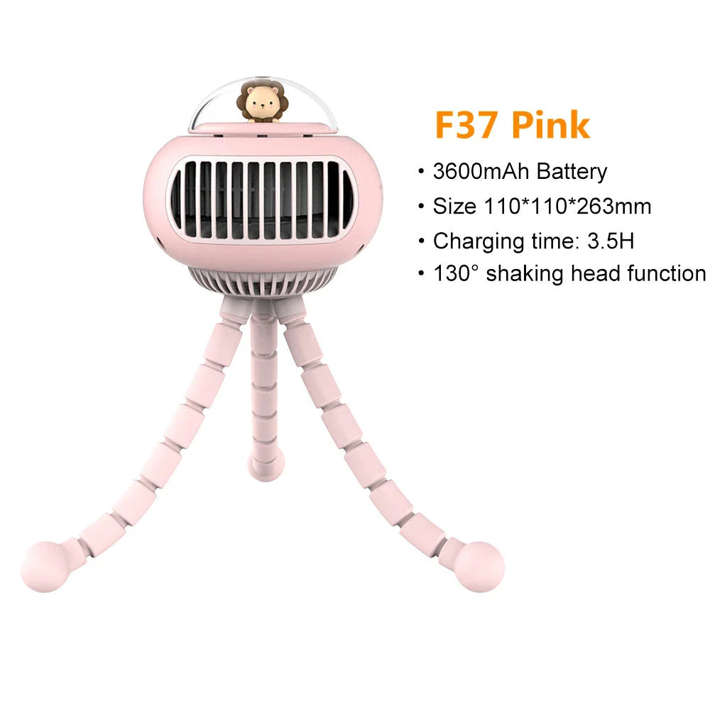 Stylish cartoon portable safe stroller fan with bladeless design and 130-degree automatic rotation for customisable cooling