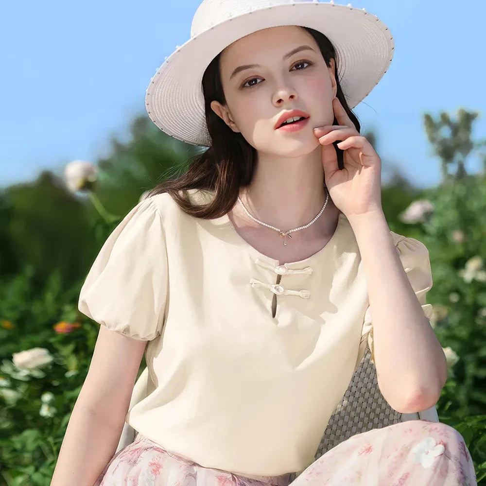 Women's elegant puff-sleeve summer top in a classic solid pattern and Chinese-inspired design
