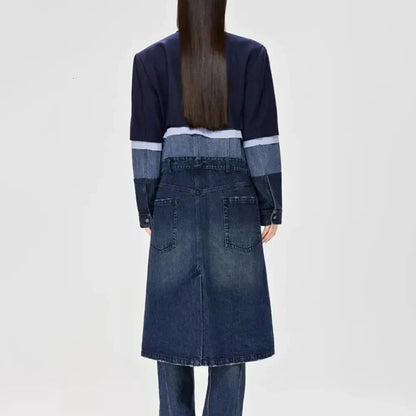 A stylish patchwork denim trench coat with a classic silhouette and a modern edge, perfect for the autumn and winter seasons.