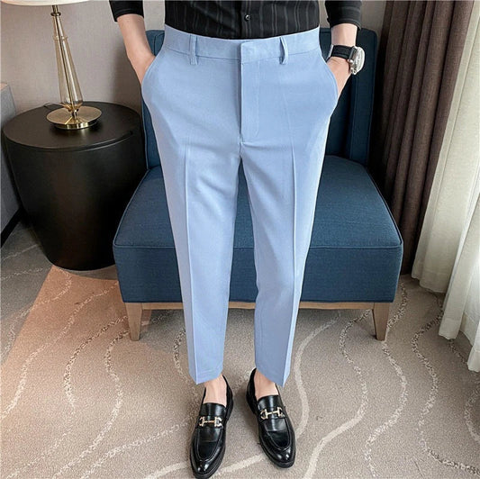 Premium men's suit trousers in a variety of colours, featuring a subtle textured drape and exceptional stretch for all-day comfort and style.