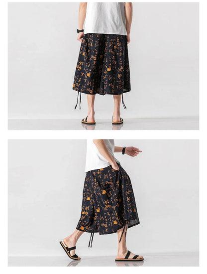 Men's loose-fitting Chinese-inspired cropped pants with a dragon or elephant floral pattern in navy blue, red, or coffee colours