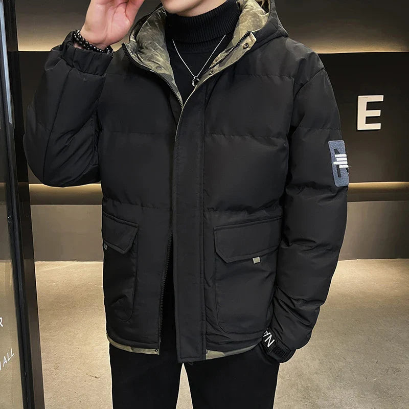 A premium hooded down coat in black, designed for stylish British gentlemen with superior warmth and weather-resistant construction.