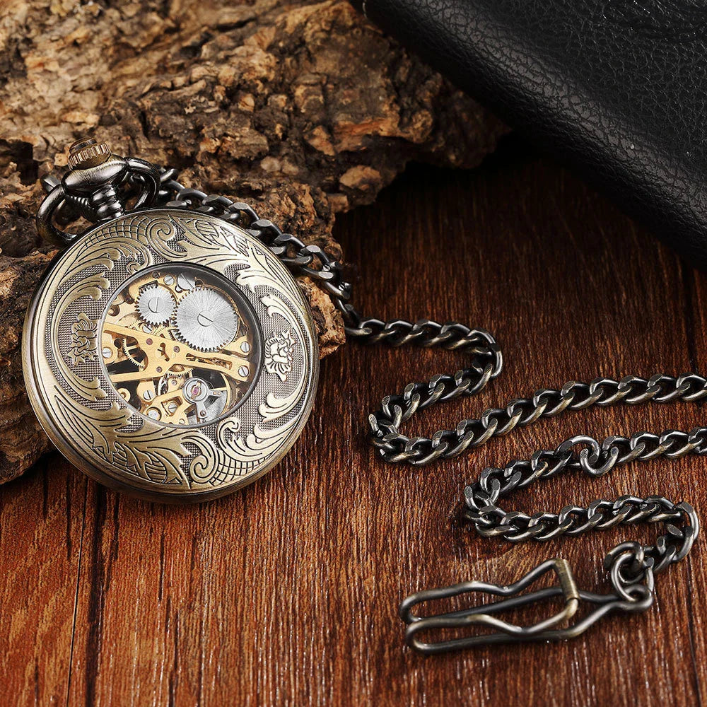 Exquisite gold-toned vintage-style pocket watch necklace with a mechanical movement and sturdy chain