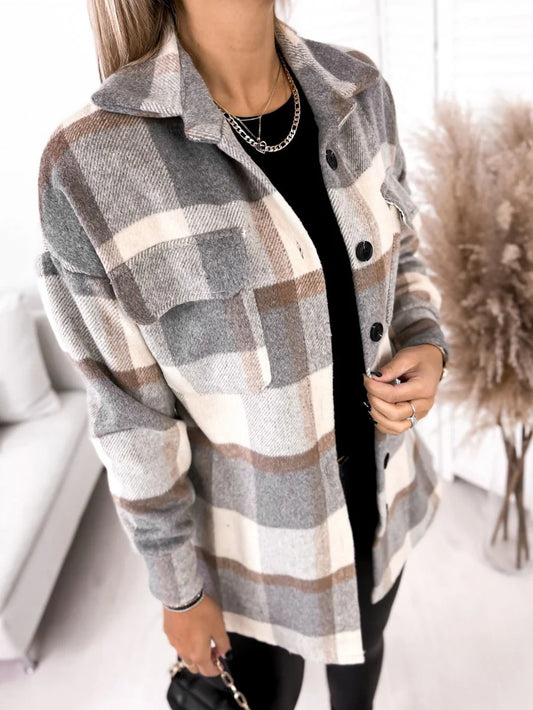 Sophisticated single-breasted plaid woollen jacket in black, apricot, and blue colours