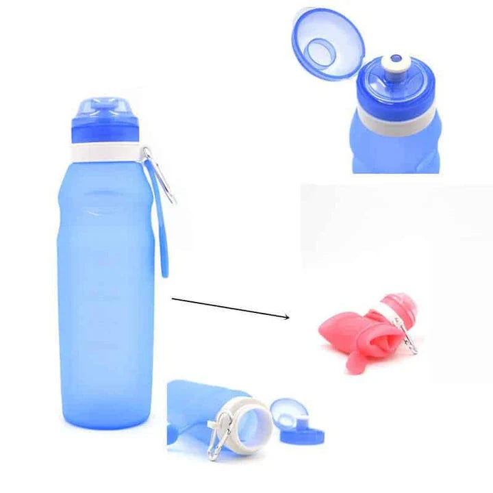 A collapsible, silicone water bottle in blue colour with a leak-proof design and a 600ml capacity.