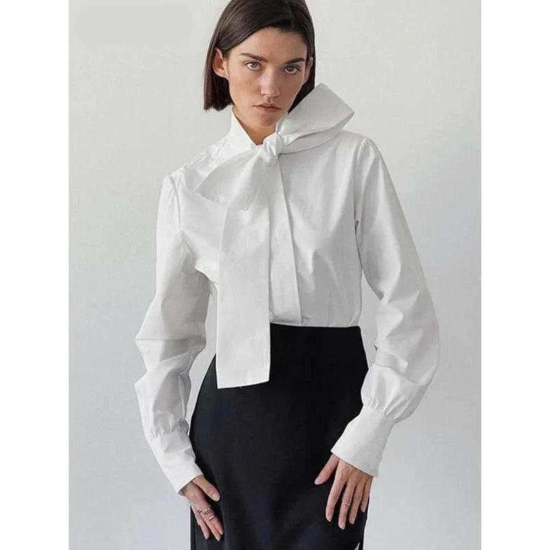 Elegant lace bow blouse for women, featuring a high collar, single-breasted closure, and full sleeves for a refined, versatile look.