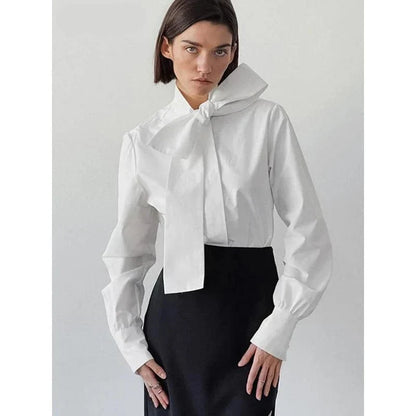 Elegant lace bow blouse for women, featuring a high collar, single-breasted closure, and full sleeves for a refined, versatile look.