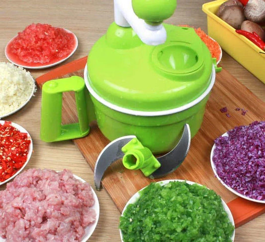 Premium manual food processor with stainless steel blades and durable plastic construction, perfect for chopping, slicing, and dicing a variety of ingredients in the kitchen.