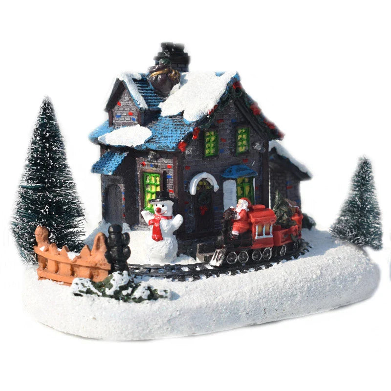 Luminous Christmas house decorations made of resin, with a warm glowing light creating a festive winter scene