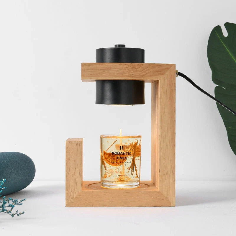 Elegant Nordic-style candle warmer lamp with oak wood and iron construction, dimmer switch, and timer function