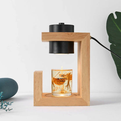 Elegant Nordic-style candle warmer lamp with oak wood and iron construction, dimmer switch, and timer function
