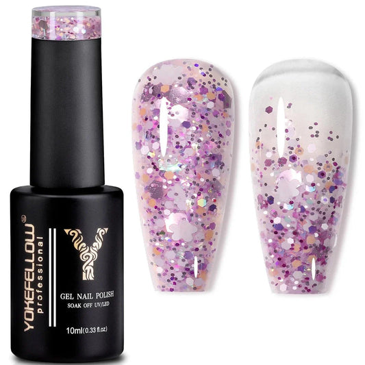 Sparkling pink gel nail polish with glitter sequins for a dazzling manicure