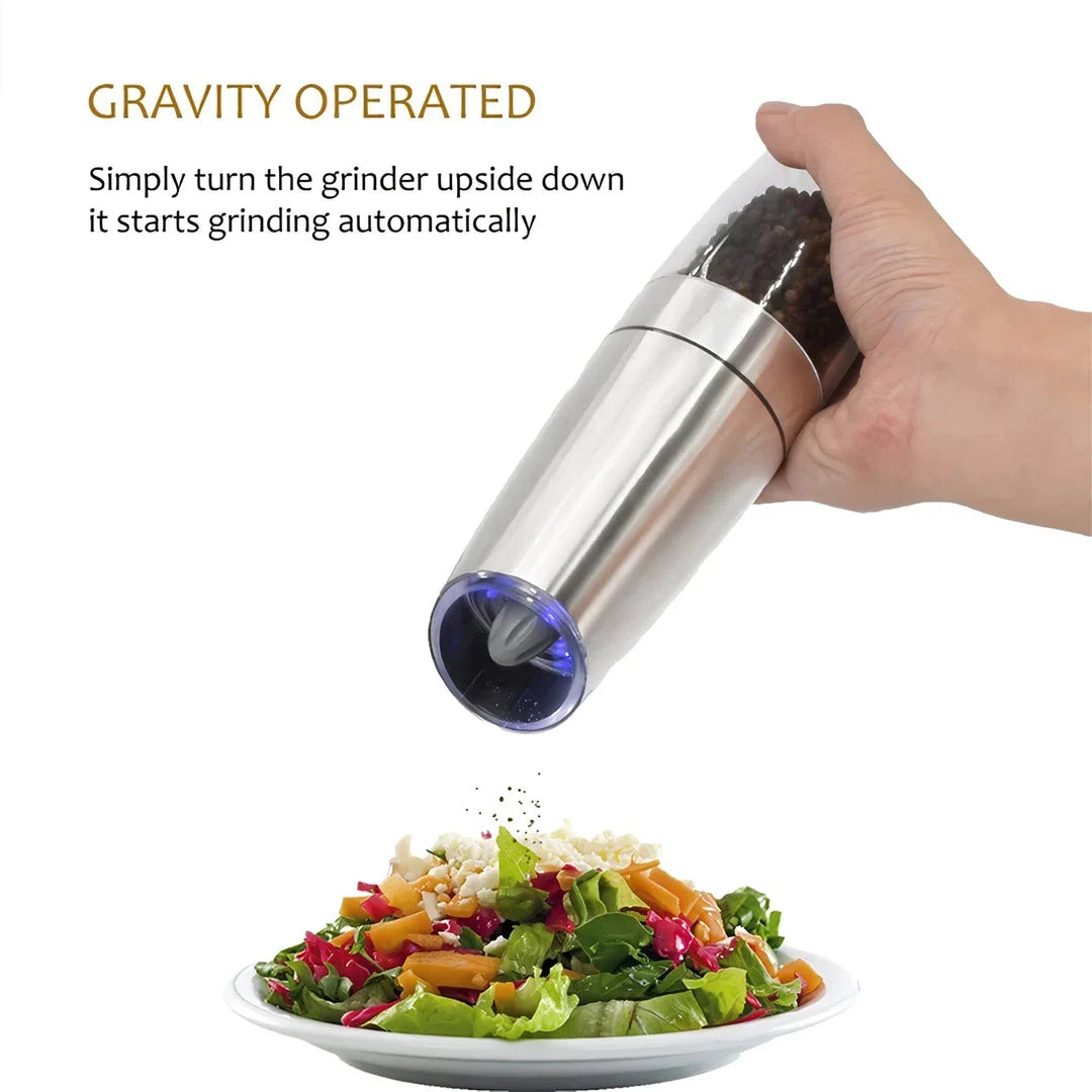 Premium electric automatic salt and pepper mill with adjustable coarseness, battery-operated, and LED light for precise seasoning