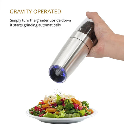 Premium electric automatic salt and pepper mill with adjustable coarseness, battery-operated, and LED light for precise seasoning