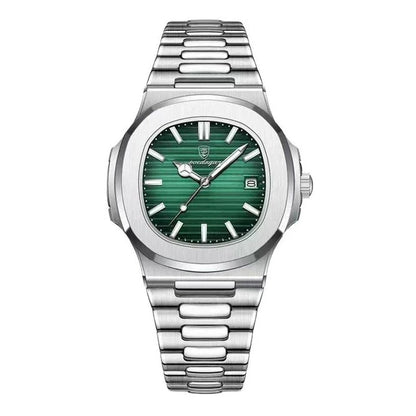 Refined Square Quartz Timepiece with stainless steel band, luminous hands, and water resistance up to 30 metres