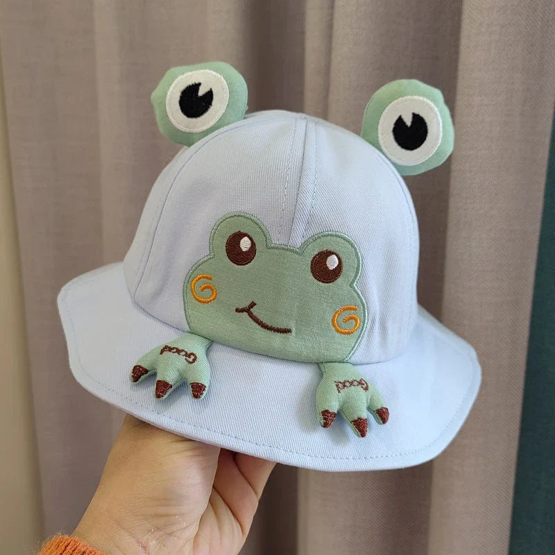 Charming frog-themed baby sun hat made from soft, breathable cotton with UPF 50+ sun protection